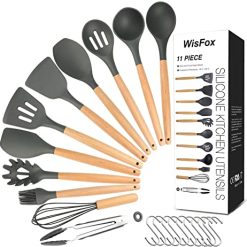 Ustensiles de Cuisine Wis Fox , en Silicone Avec Poignées en Bois de Qualité Supérieure 11 Pièces + 10 Crochets en S Gris
