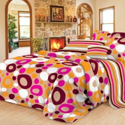 Ensemble Draps de Lit 3 Places 100% Cotton avec Rayures et Motifs Ronds