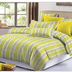 Ensemble Draps de Lit 3 Places 100% coton jaune-gris, motifs en fleurs