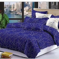 Ensemble Draps de Lit 3 Places 100% coton bleu-blanc, motifs en fibres de racine