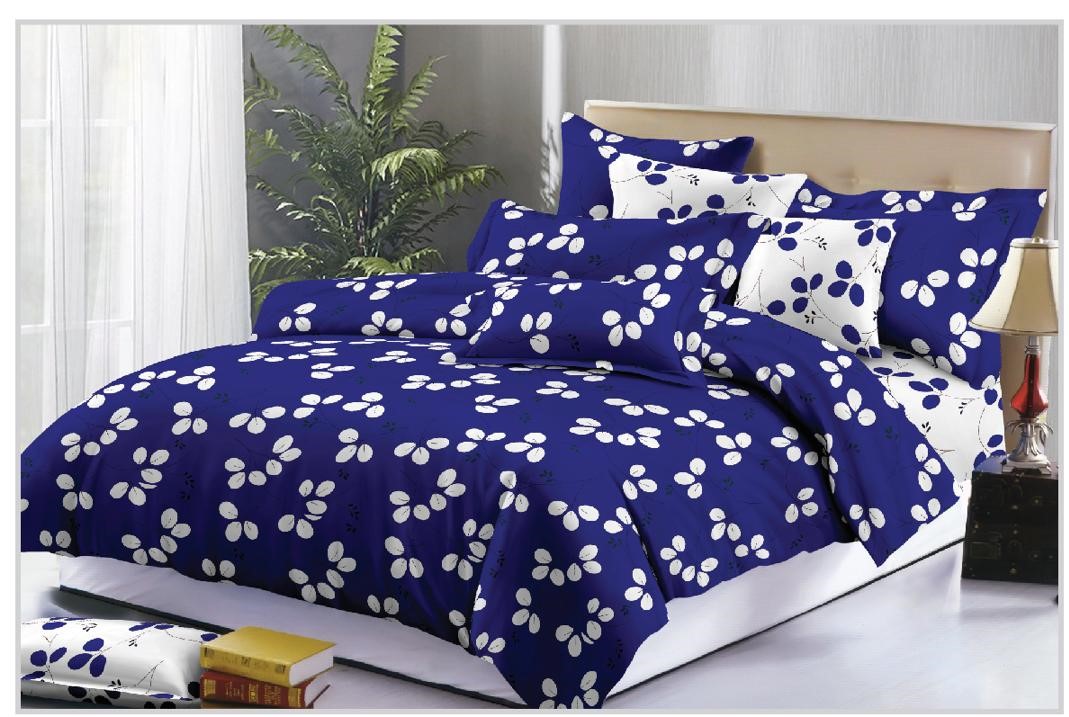 Ensemble Draps de Lit 3 Places 100% coton bleu-blanc, motifs en fleurs trèfles
