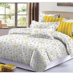 Ensemble Draps de Lit 3 Places 100% coton blanc-jaune, motifs en fleurs