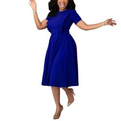 Robe Plissées à Manches Courtes Bleue