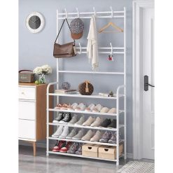 Etagère de Rangement Multifonctions à 5 Étages et Porte Manteau Blanc en Acier Léger