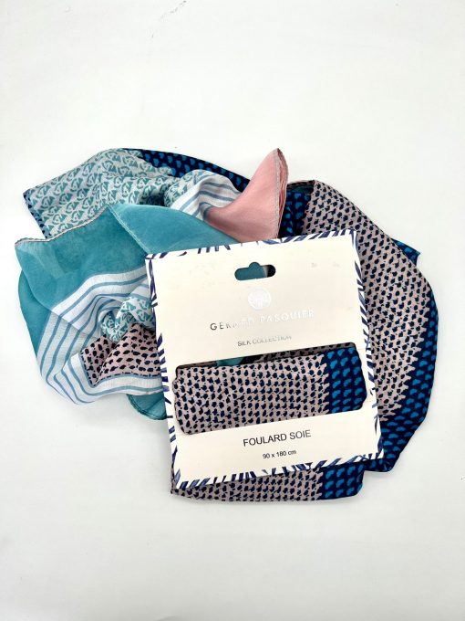 Foulard 100% Soie 90x180cm GERARD PASQUIER bleu beige – Image 3