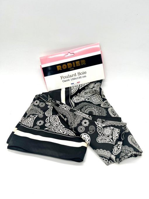 Foulard en Soie-Viscose 132x132cm RODIER noir blanc – Image 3