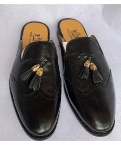 Babouche Deux Pompoms en Cuir Noir pour Homme