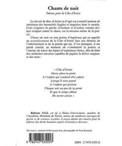 Alternative view of Chants de nuit: Poèmes pour la Côte d'Ivoire (Anglais) Broché, 1 janvier 2003, Édition française de Babacar Sall