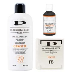 Gamme Pr. Francoise Bedon, Serum Eclaircissant Carotte, Lait Carotte Soin Hydratant et Nourrissant 500ml, Savon Gommant - Carotte
