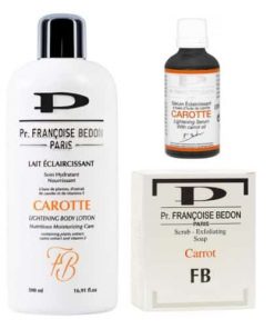 Gamme Pr. Francoise Bedon, Serum Eclaircissant Carotte, Lait Carotte Soin Hydratant et Nourrissant 500ml, Savon Gommant - Carotte