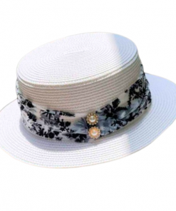Chapeau de Ville Blanc avec Foulard Blanc Fleuri Noir