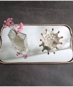 Plateau Décoratif Rectangulaire de Service avec Miroir et Poignée en Métal Doré 30 X 15 cm