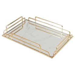 Plateau Décoratif Rectangulaire de Service avec Miroir et Poignée en Métal Doré 45 X 25 cm