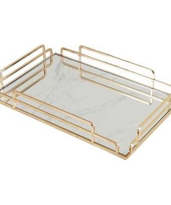 Plateau Décoratif Rectangulaire de Service avec Miroir et Poignée en Métal Doré 45 X 25 cm