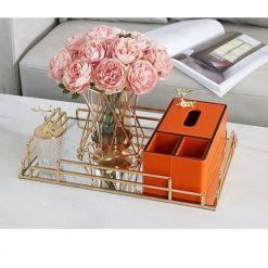 Alternative view of Plateau Décoratif Rectangulaire de Service avec Miroir et Poignée en Métal Doré 45 X 25 cm