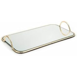 Plateau Décoratif Rectangulaire de Service avec Miroir et Poignée en Métal Doré 45 X 25 cm