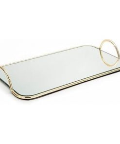 Plateau Décoratif Rectangulaire de Service avec Miroir et Poignée en Métal Doré 45 X 25 cm