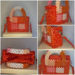 Sac à Main Treilli Rouge-Orangé Ornement Orangé, Saumon et Blanc