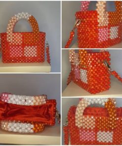 Sac à Main Treilli Rouge-Orangé Ornement Orangé, Saumon et Blanc