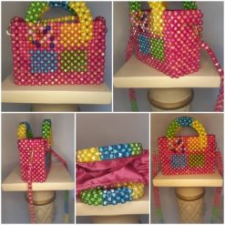 Sac à Main Treilli Rose-Fushia Ornement Bleu, Vert et Jaune