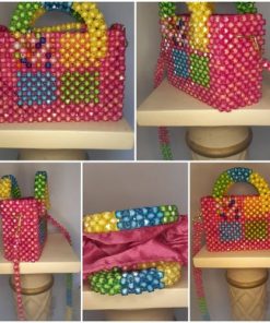 Sac à Main Treilli Rose-Fushia Ornement Bleu, Vert et Jaune