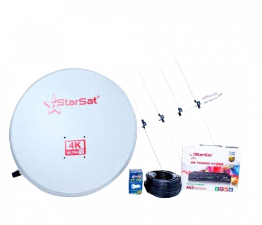 Le kit satellite Starsat : Parabole , Décodeur , Câble , LNB ( plus de 100 chaînes gratuites sans abonnement par mois après installation)