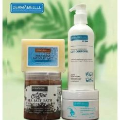 Kit de 4 Produits de Beauté: Savon au Lait 200g, Bain Sel de Mer au Café 350g, Lait Corporel 200ml, Masque Facial 180g