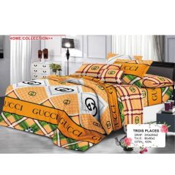 Ensemble de Drap +Taie, Trois Places avec Motif Iconique & Élégance Dorée