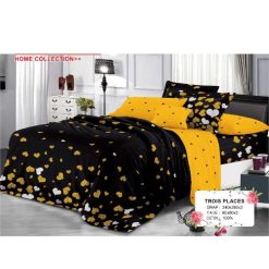 Ensemble de Drap +Taie, Trois Places avec Motif Cœurs Or & Blanc sur Fond Noir