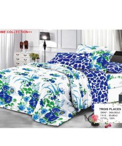 Ensemble de Drap +Taie, Trois Places avec Motif Harmonie Bleu, Vert & Blanc