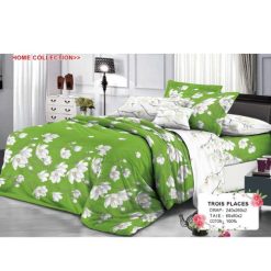 Ensemble de Drap +Taie, Trois Places avec Motif en Floral Blanc sur Fond Vert