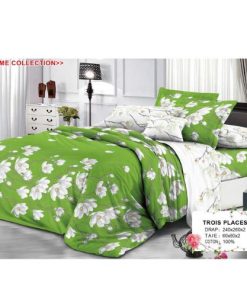 Ensemble de Drap +Taie, Trois Places avec Motif en Floral Blanc sur Fond Vert