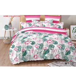 Ensemble de Drap +Taie, Trois Places avec Motif en Fleurs Roses et Feuilles Vertes