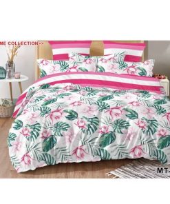 Ensemble de Drap +Taie, Trois Places avec Motif en Fleurs Roses et Feuilles Vertes