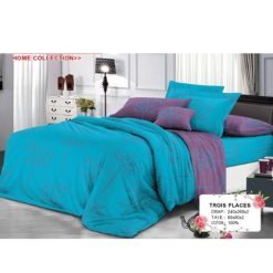 Ensemble de Drap +Taie, Trois Places avec Motif Végétal Bleu et Violet, 100% Coton