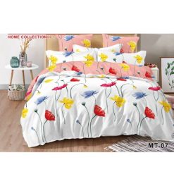 Ensemble de Drap +Taie, Trois Places avec Motif en Fleurs Multicolores sur Fond Blanc et Rose