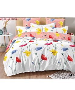 Ensemble de Drap +Taie, Trois Places avec Motif en Fleurs Multicolores sur Fond Blanc et Rose