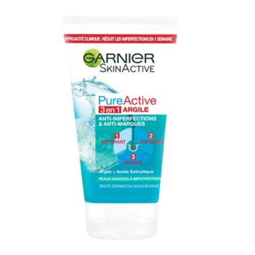 Nettoyant visage exfoliant SkinActive Pure Active 3 en 1 à l'argile pour les peaux mixtes à grasses GARNIER 150ml